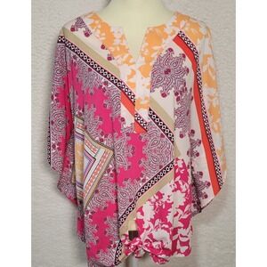 Chicos Floral Womens Blouse Sz 2 (US 12-14) Geometric Tie Waist V-Neck Silk 1395